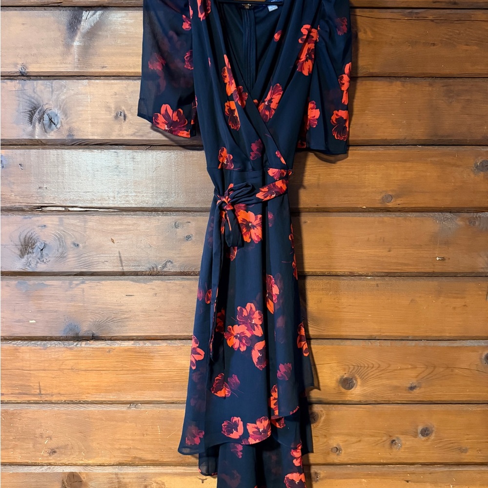 Women's Black Wrap Dress with Red Floral Print - Brand Unlabeled